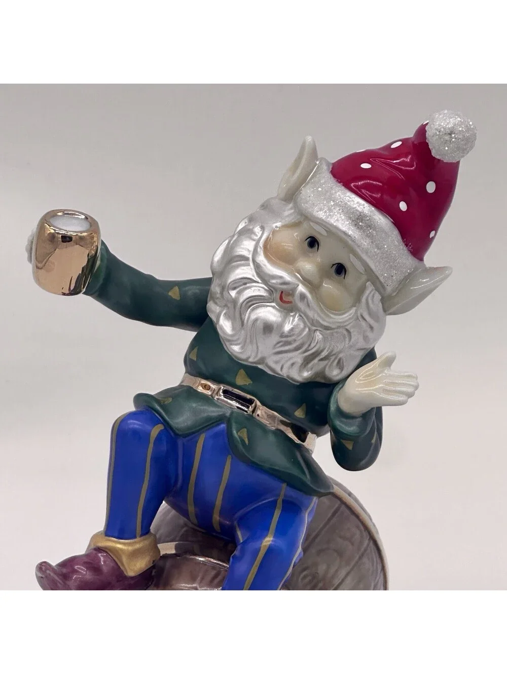 Santa’s Elf on Whiskey Barrel Glazed Porcelain 24K Gold Trim Figurine by O’Well